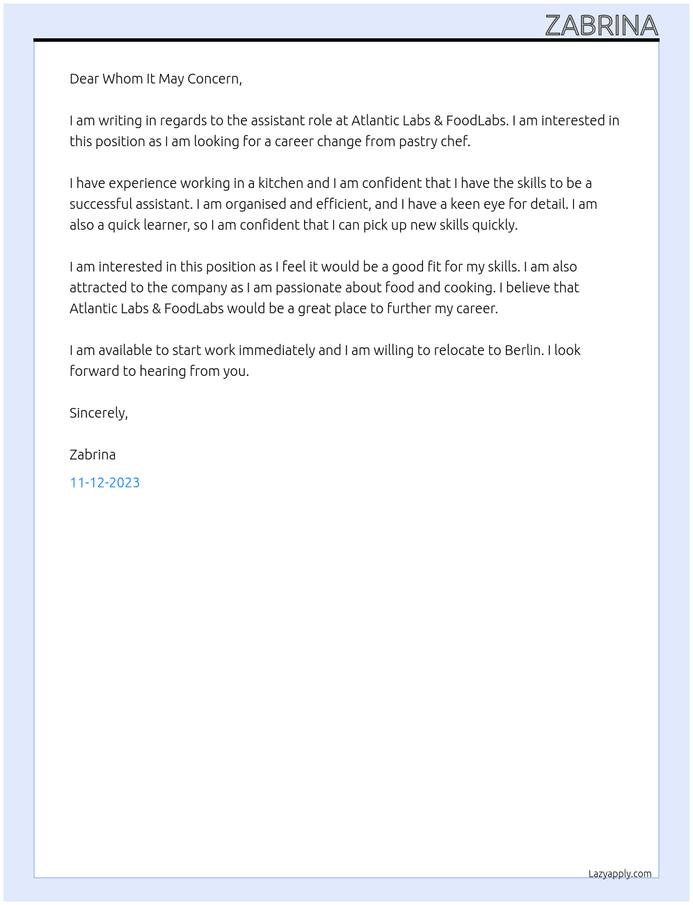 career change from pastry chef At Atlantic Labs & FoodLabs Cover Letter