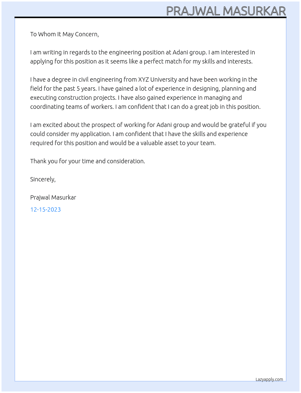 Engineering  At Adani group Cover Letter