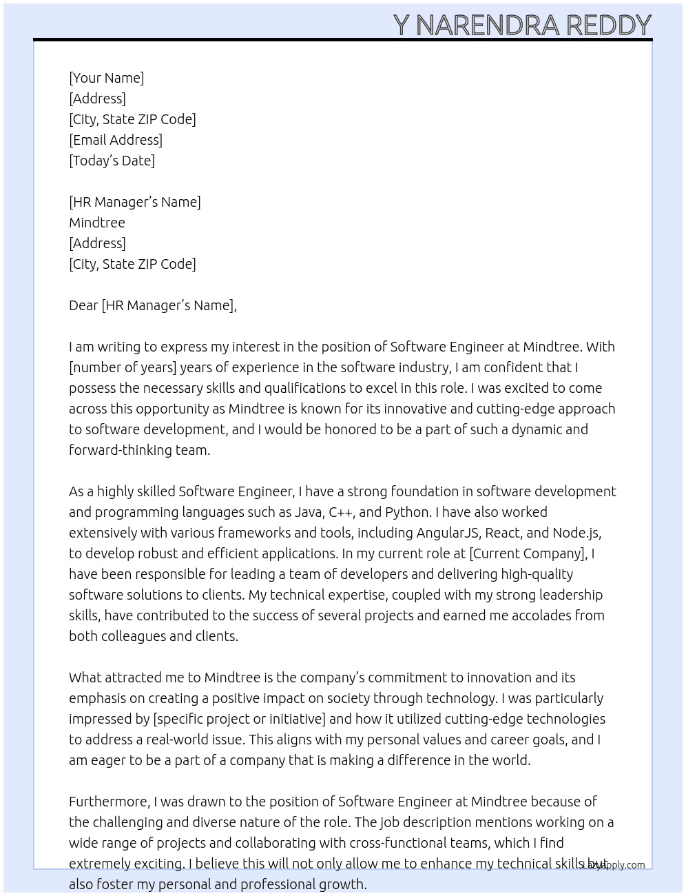 Software Engineer At Mindtree Cover Letter