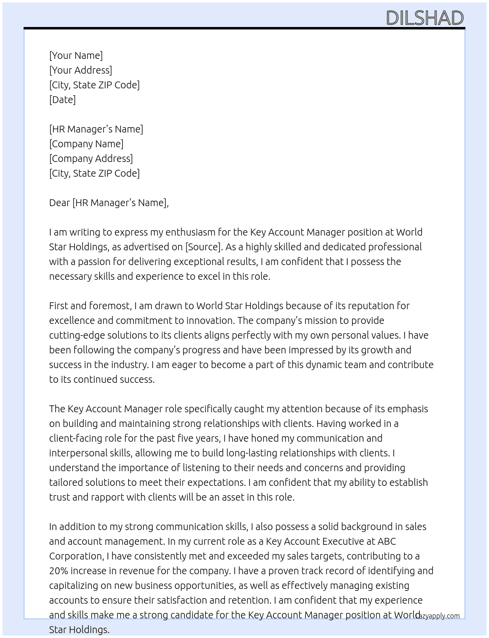 Key Account Manager At World Star Holdings Cover Letter