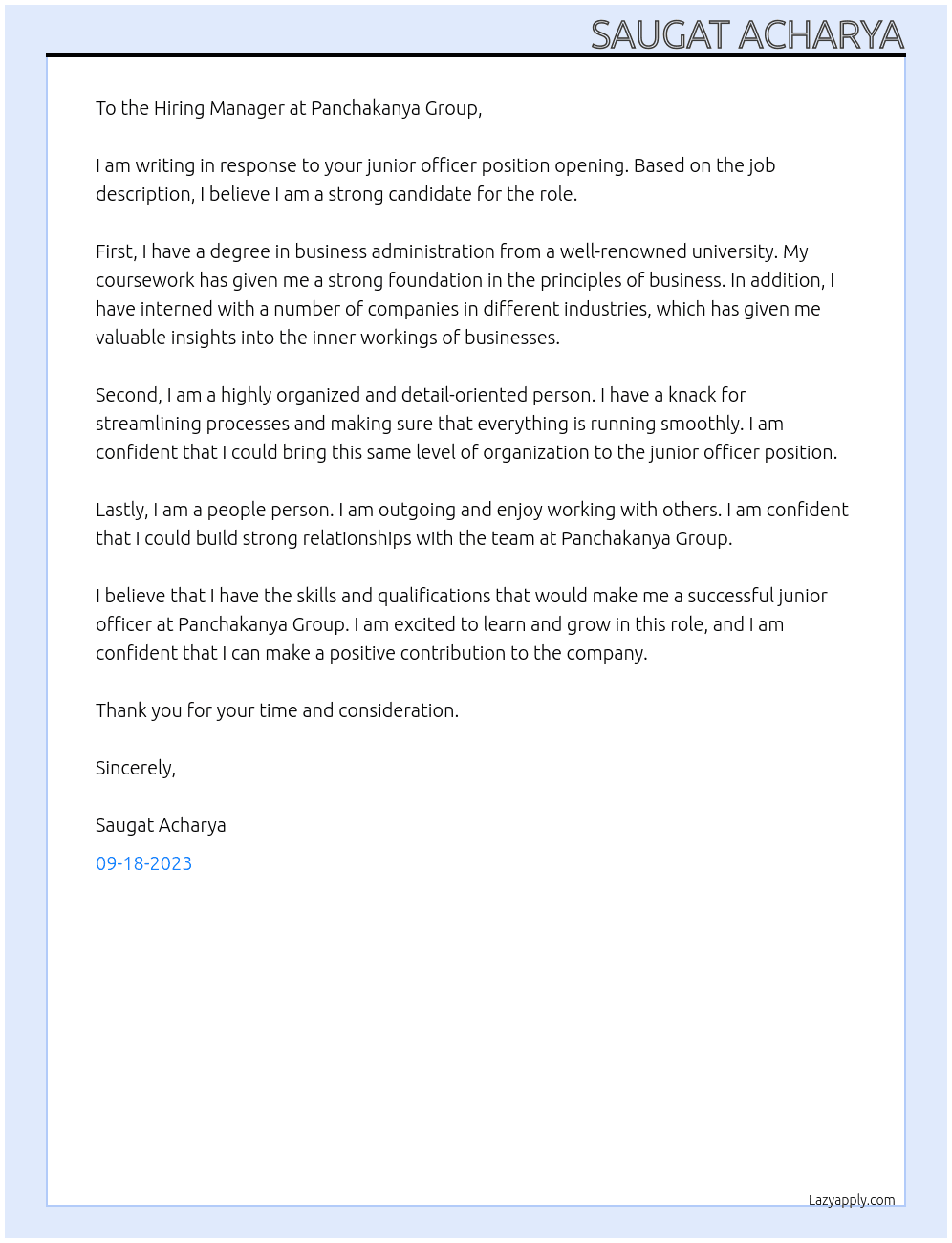 Junior officer At Panchakanya group Cover Letter