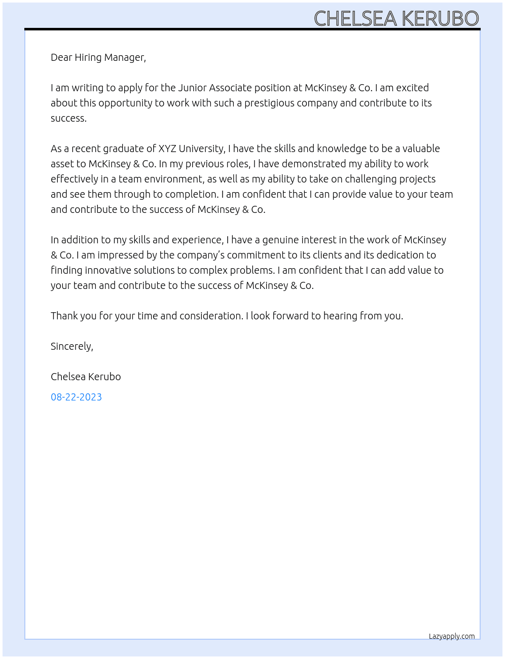 Junior Associate At Mckinsey & co Cover Letter