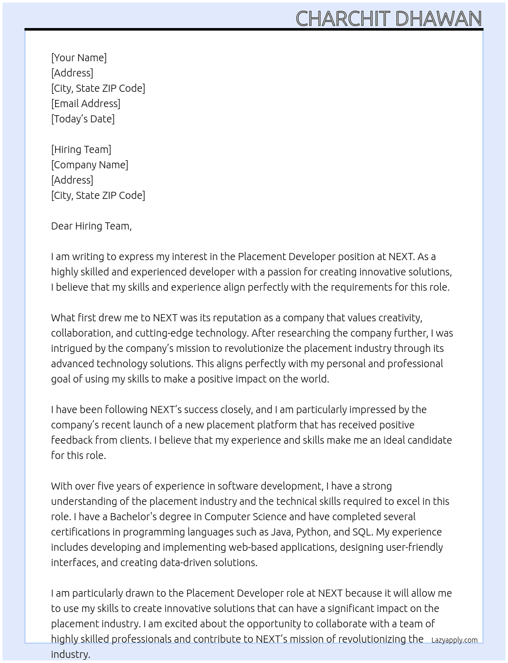 Placement Developer At NEXT Cover Letter