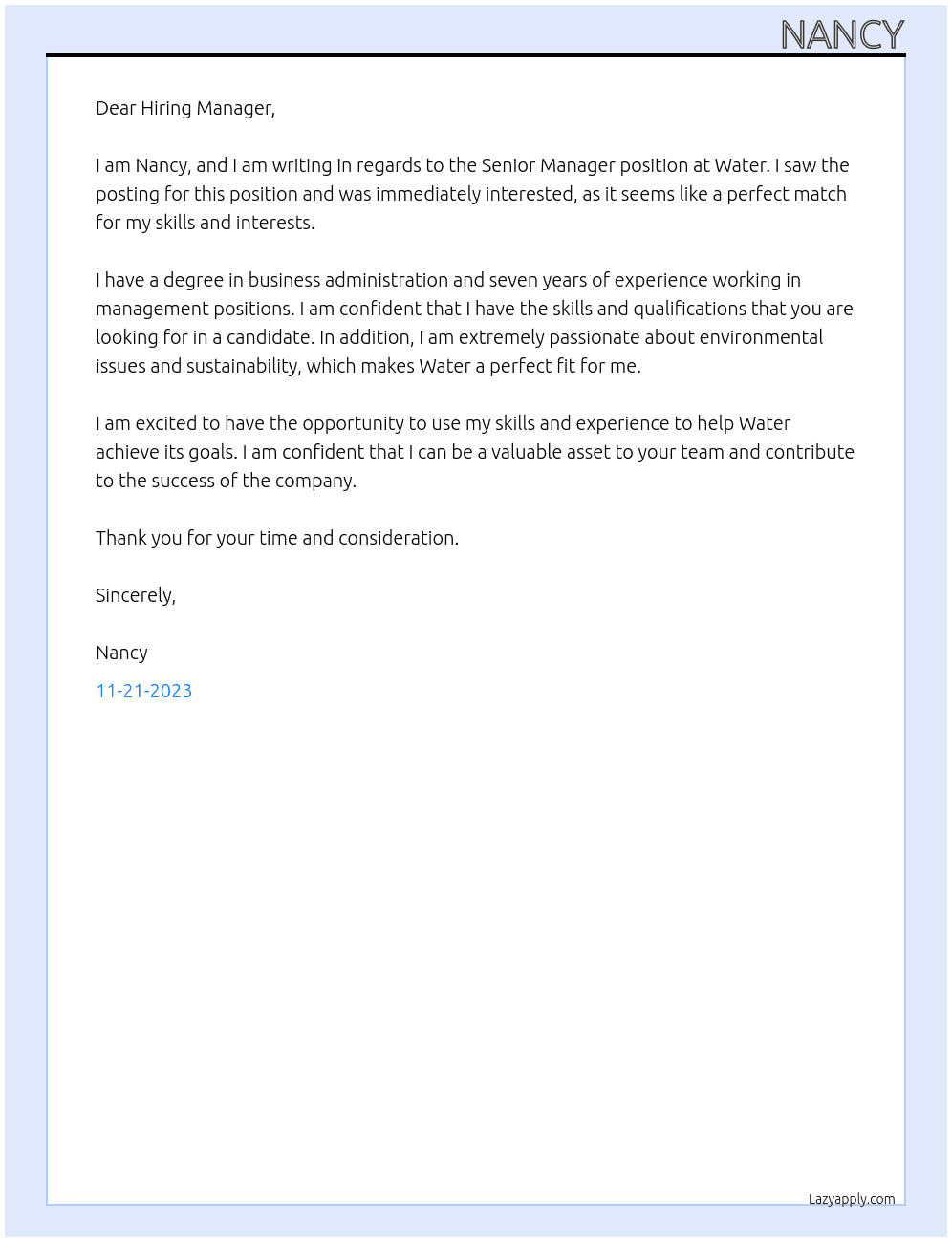 Senior Manager At Water Cover Letter