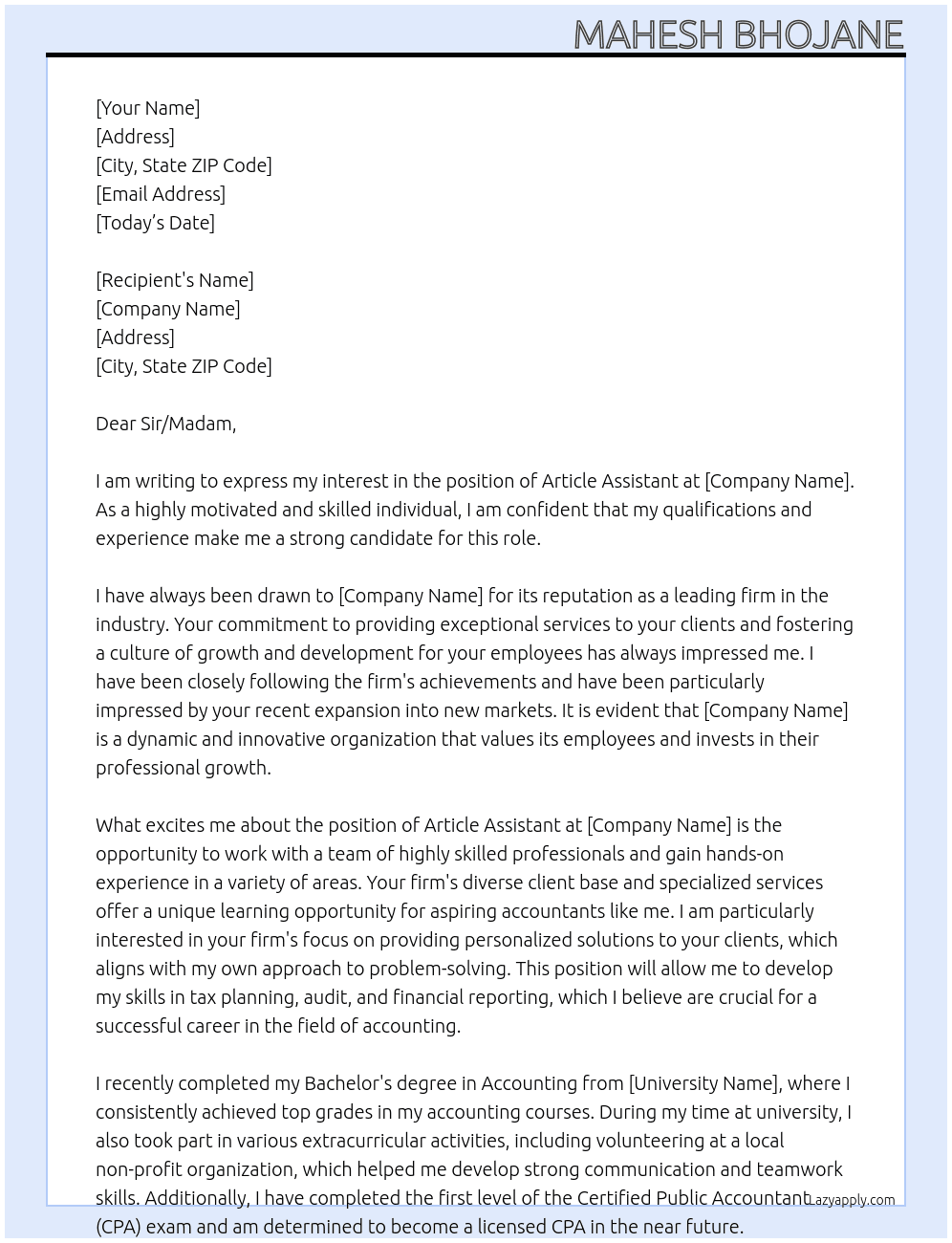 Article Assistant At firm Cover Letter