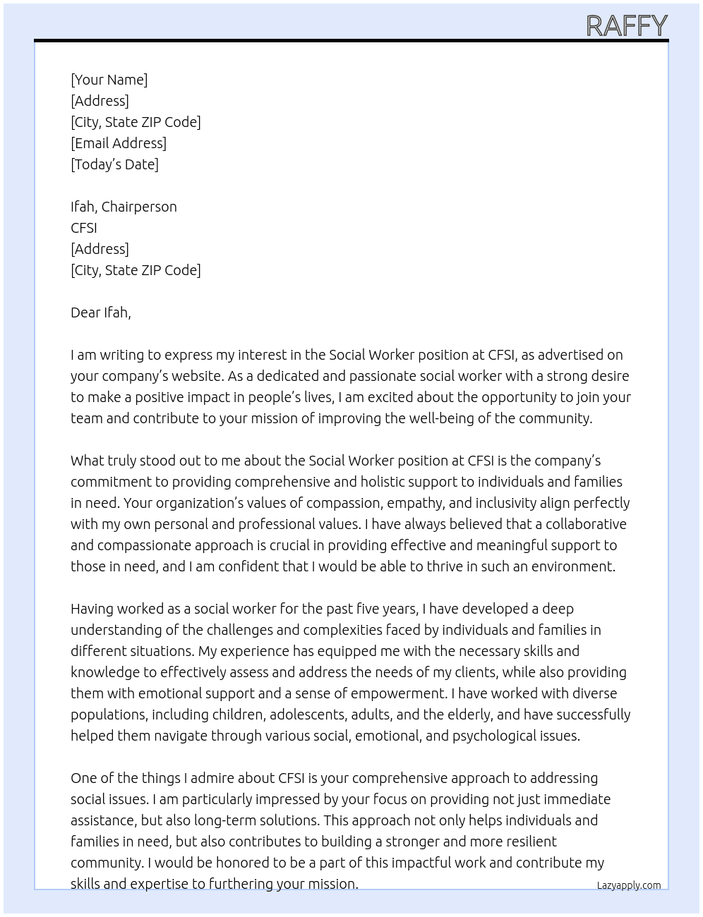 Social worker At CFSI Cover Letter