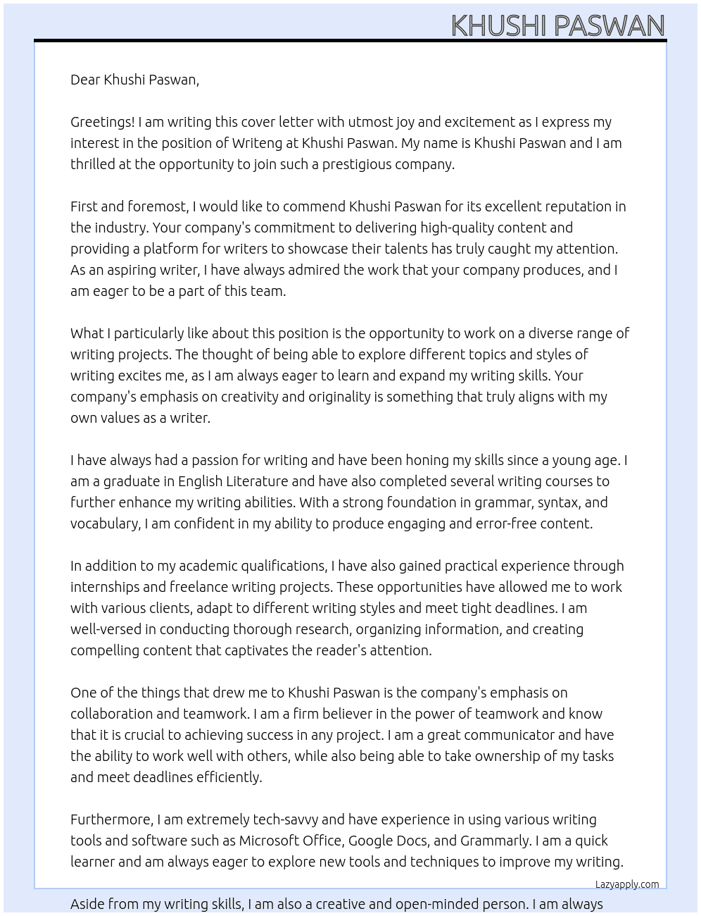 Writeng At Khushi paswan Cover Letter