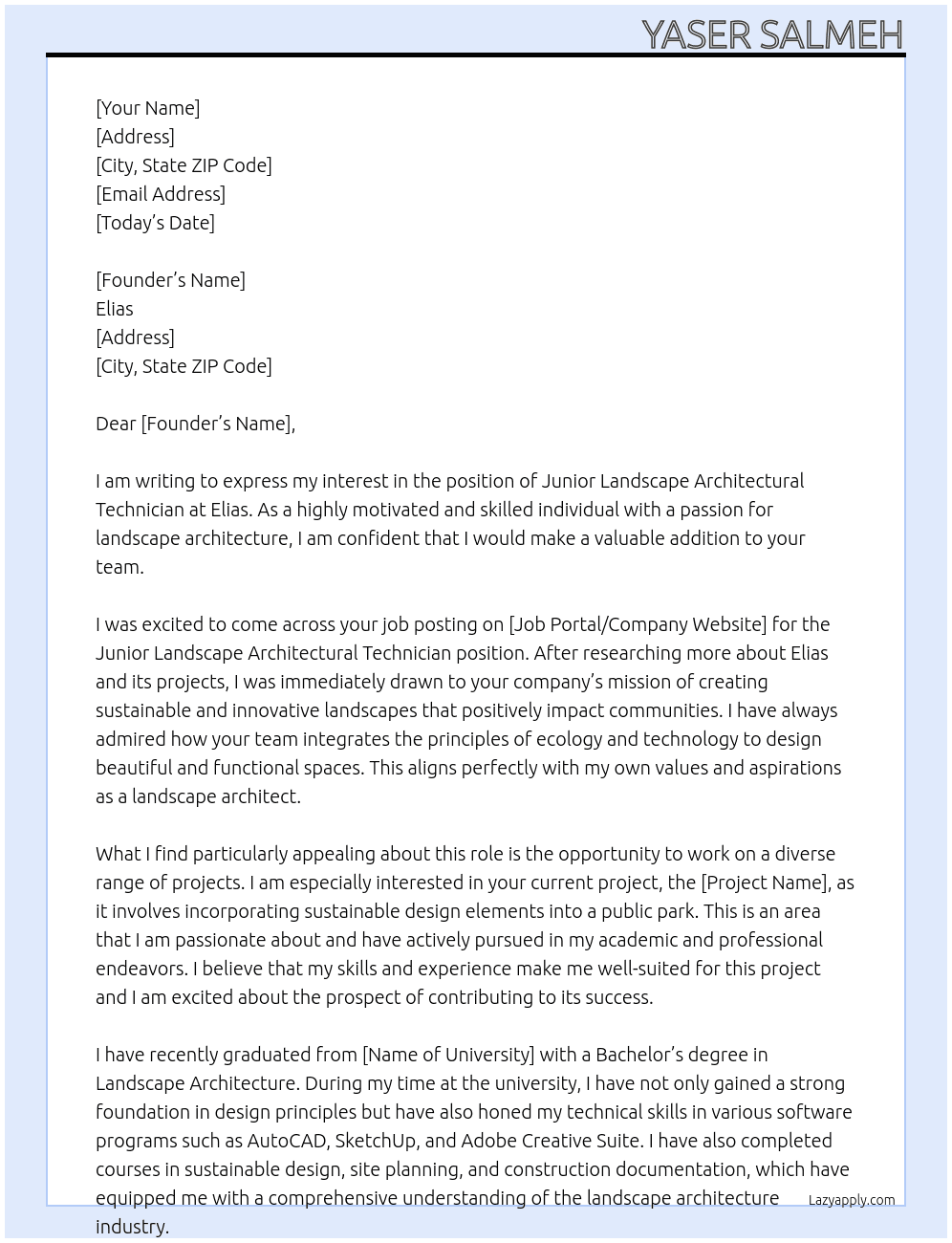Junior Landscape Architectural Technician At Elias Cover Letter