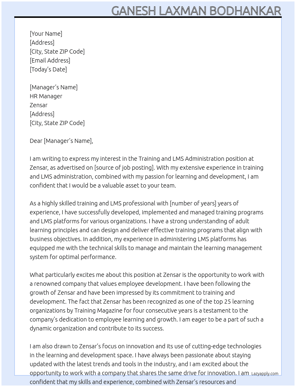 Training and lms administration At Zensar Cover Letter