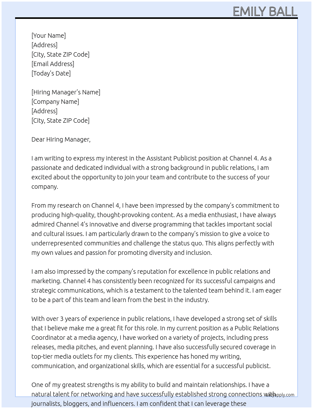 Assistant Publicist At Channel 4 Cover Letter