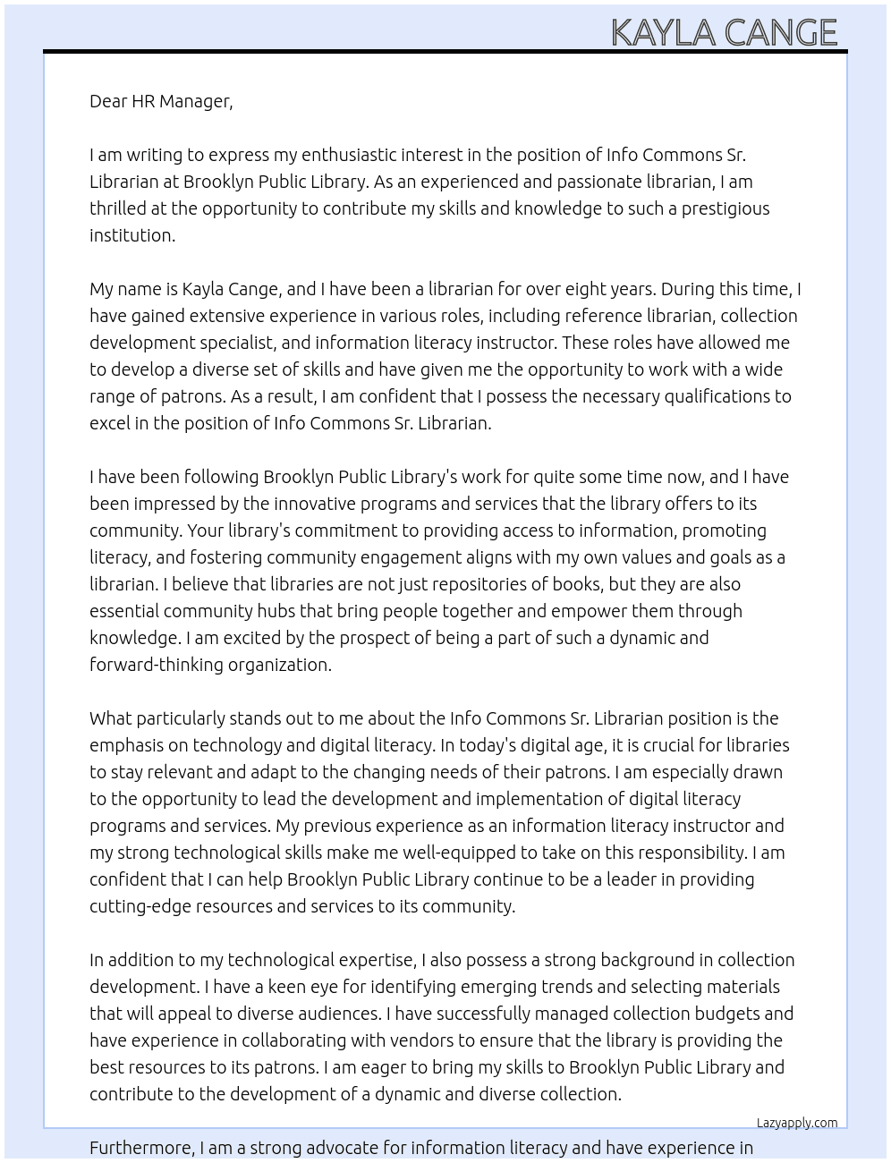 Info Commons Sr. Librarian At Brooklyn Public Library  Cover Letter