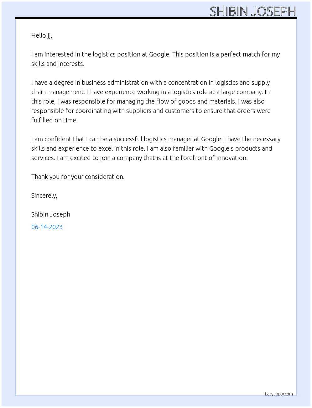 logistics At google Cover Letter