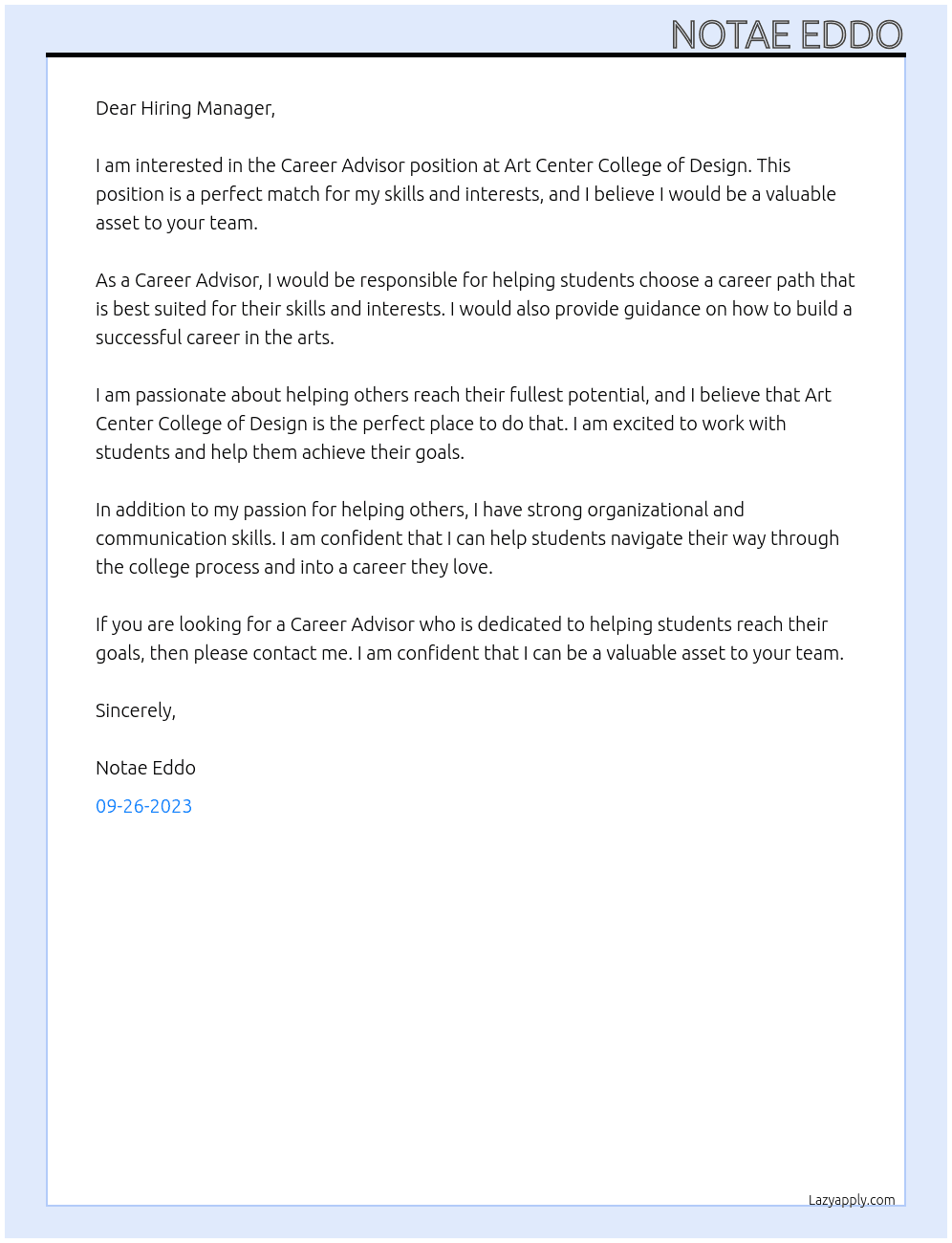 Career Advisor At Art Center College of Design Cover Letter
