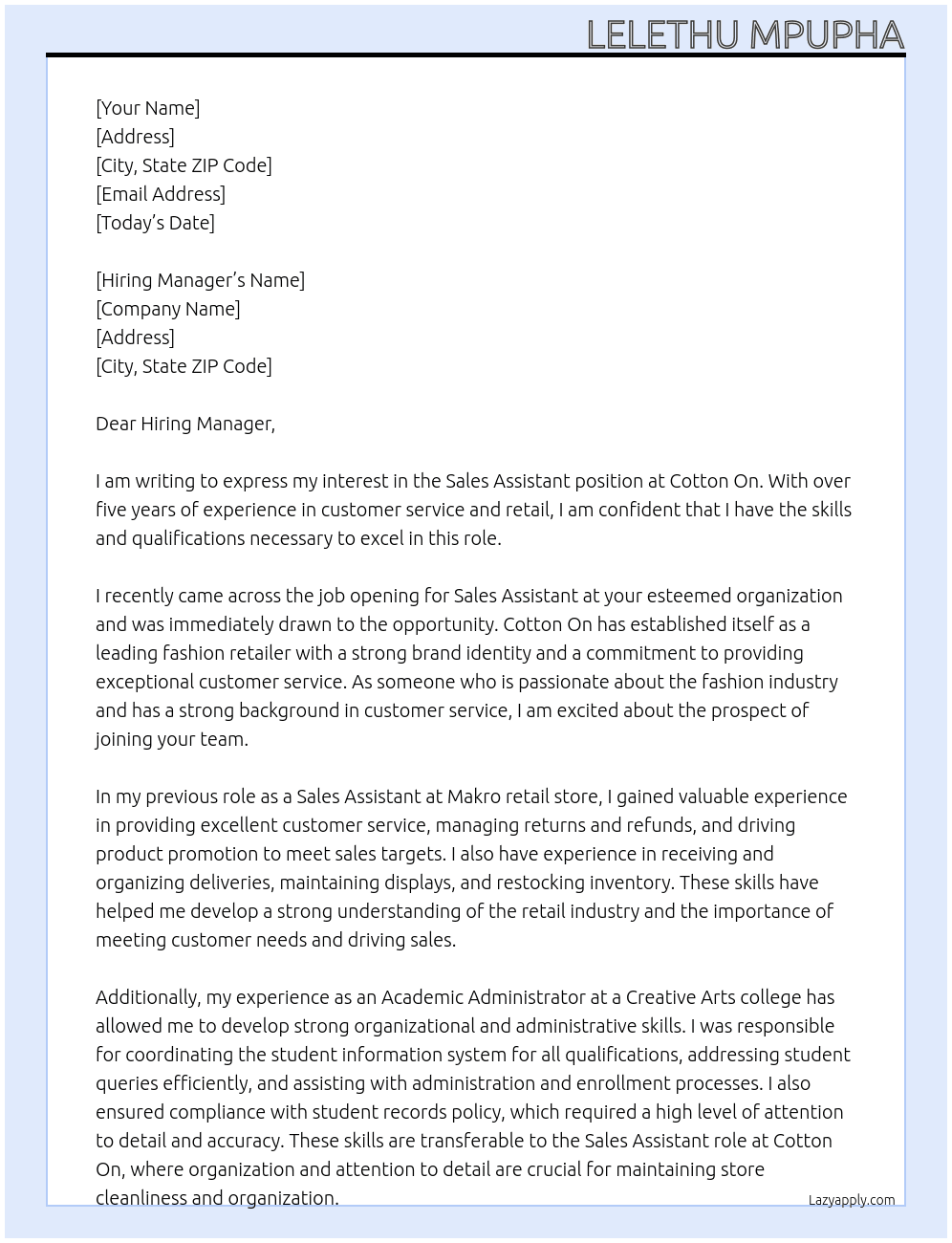 Sales Assistant  At Cotton On Cover Letter