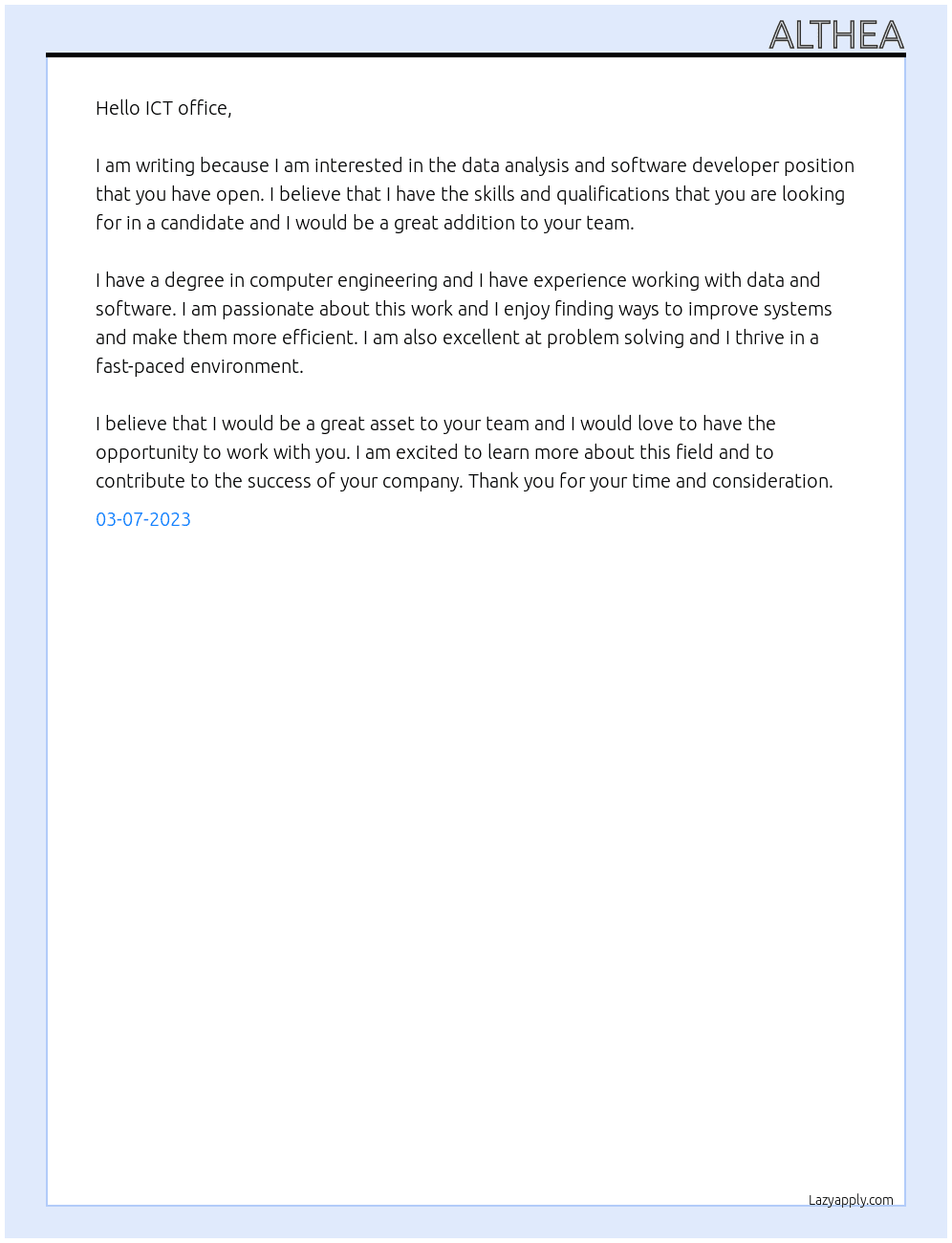 Data analysis, software developer  At ICT office Cover Letter