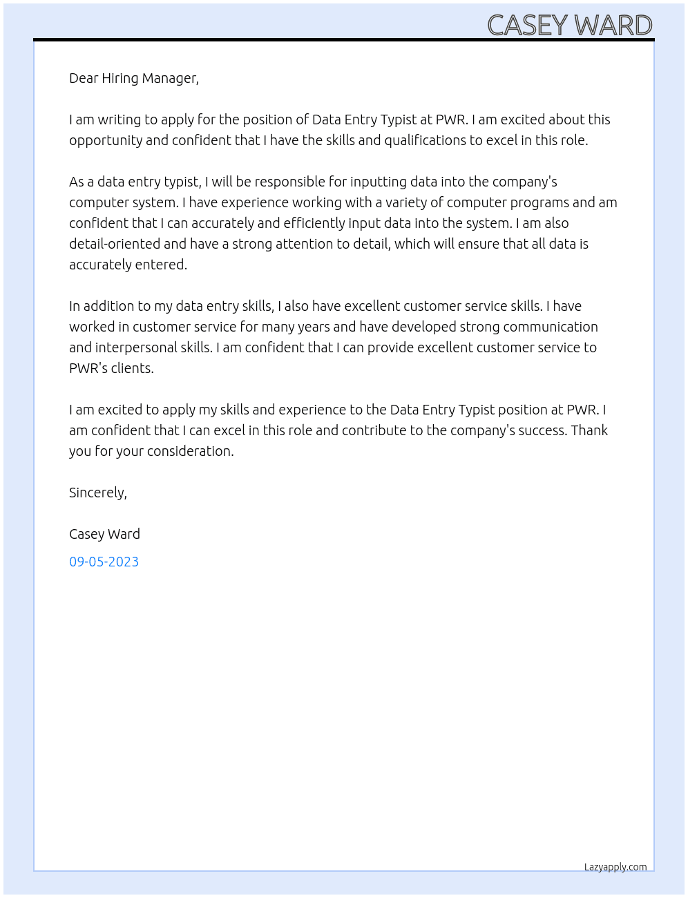 Data Entry Typist At PWR Cover Letter