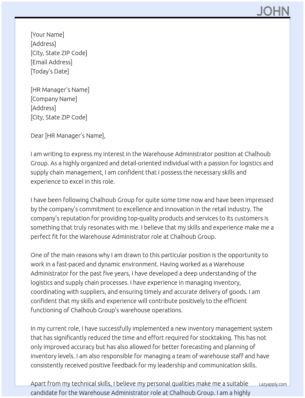 Warehouse Administrator At Chalhoub Group Cover Letter