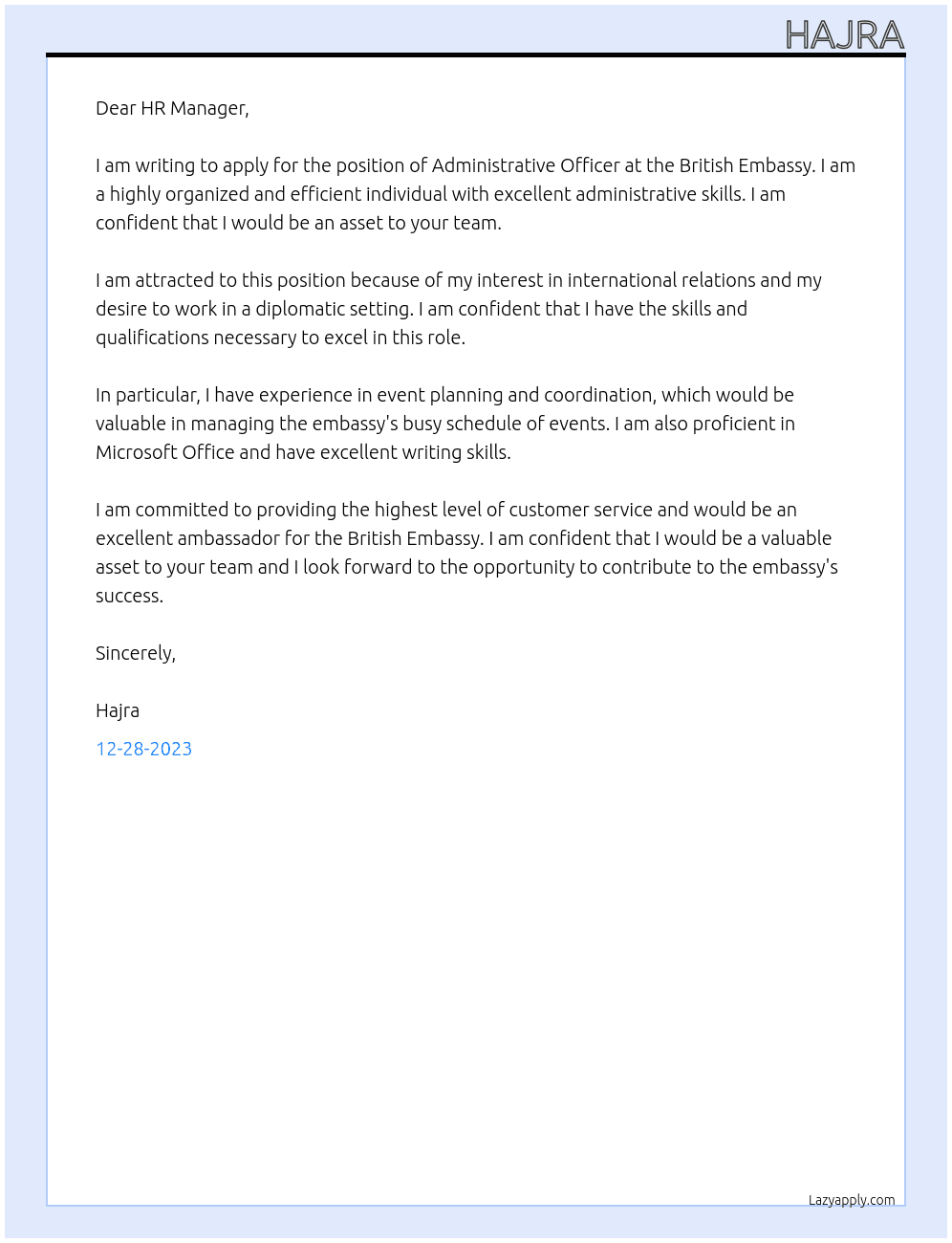Administrative officer At British embassy Cover Letter