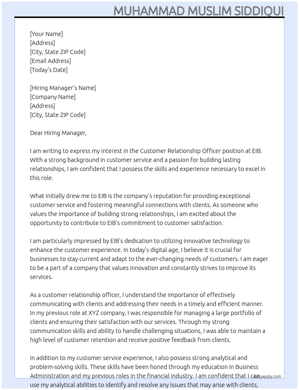 Customer Relationship Officer At EIB Cover Letter