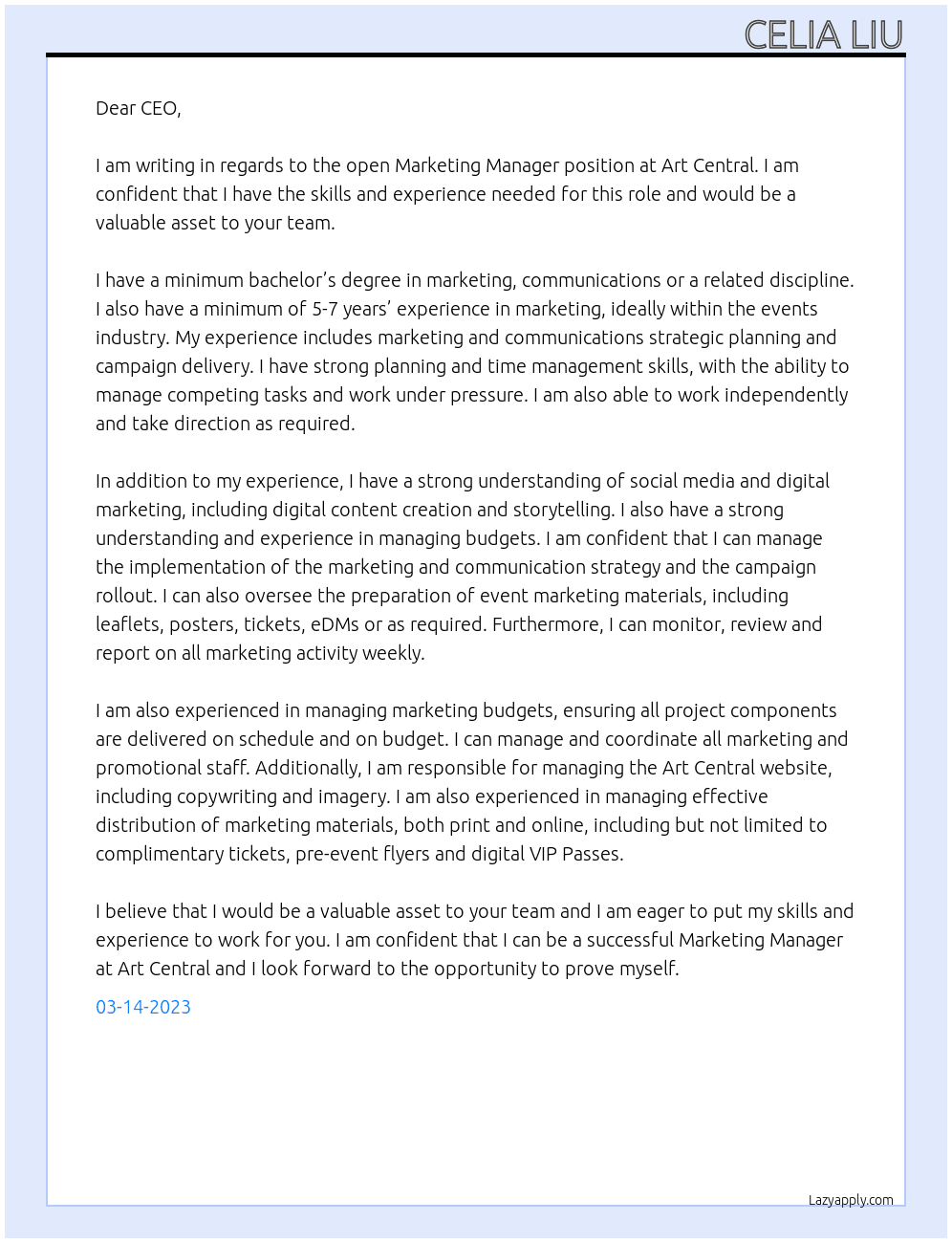 marketing manager At Art Central Cover Letter