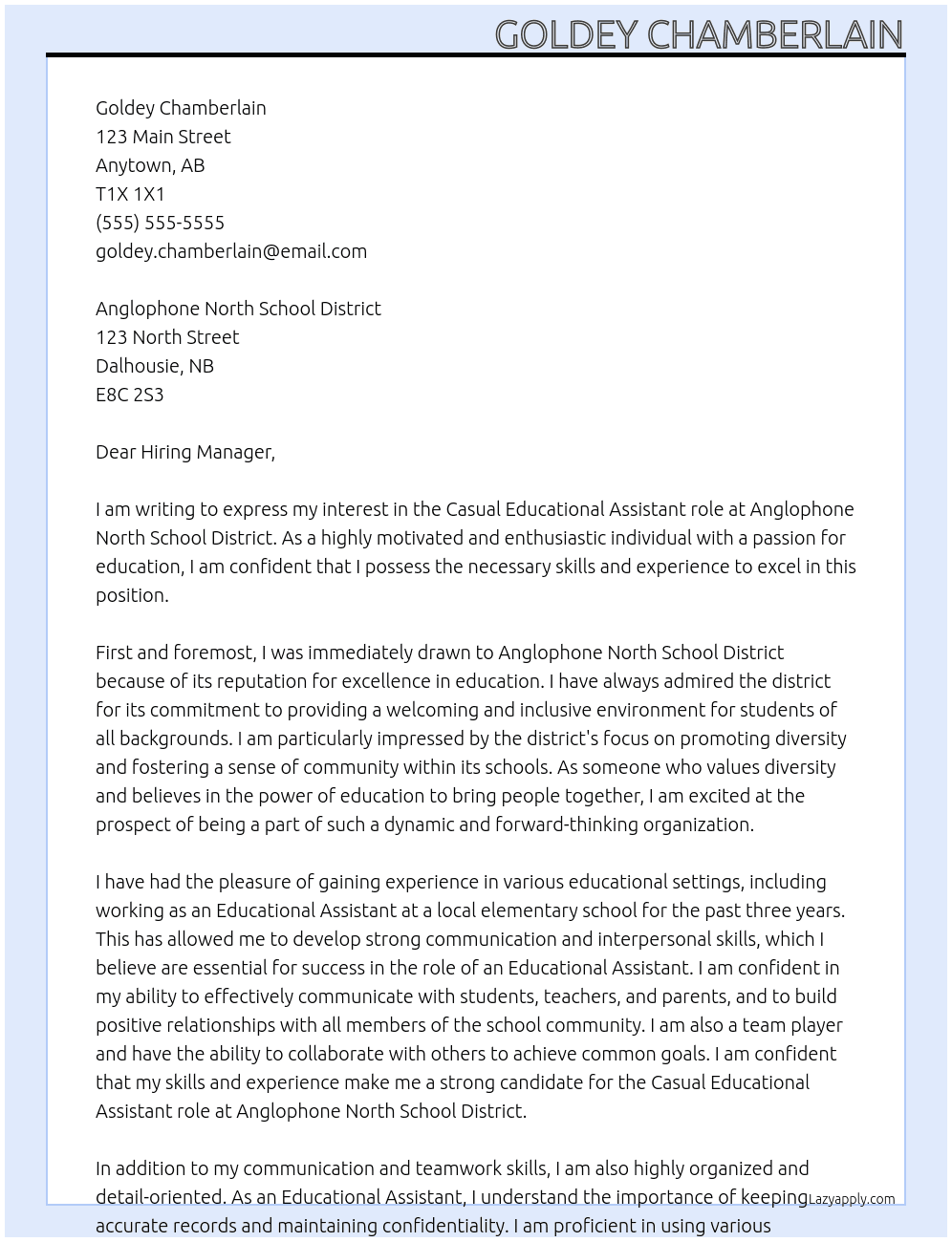 Educational Assistant  At Anglophone North School District  Cover Letter