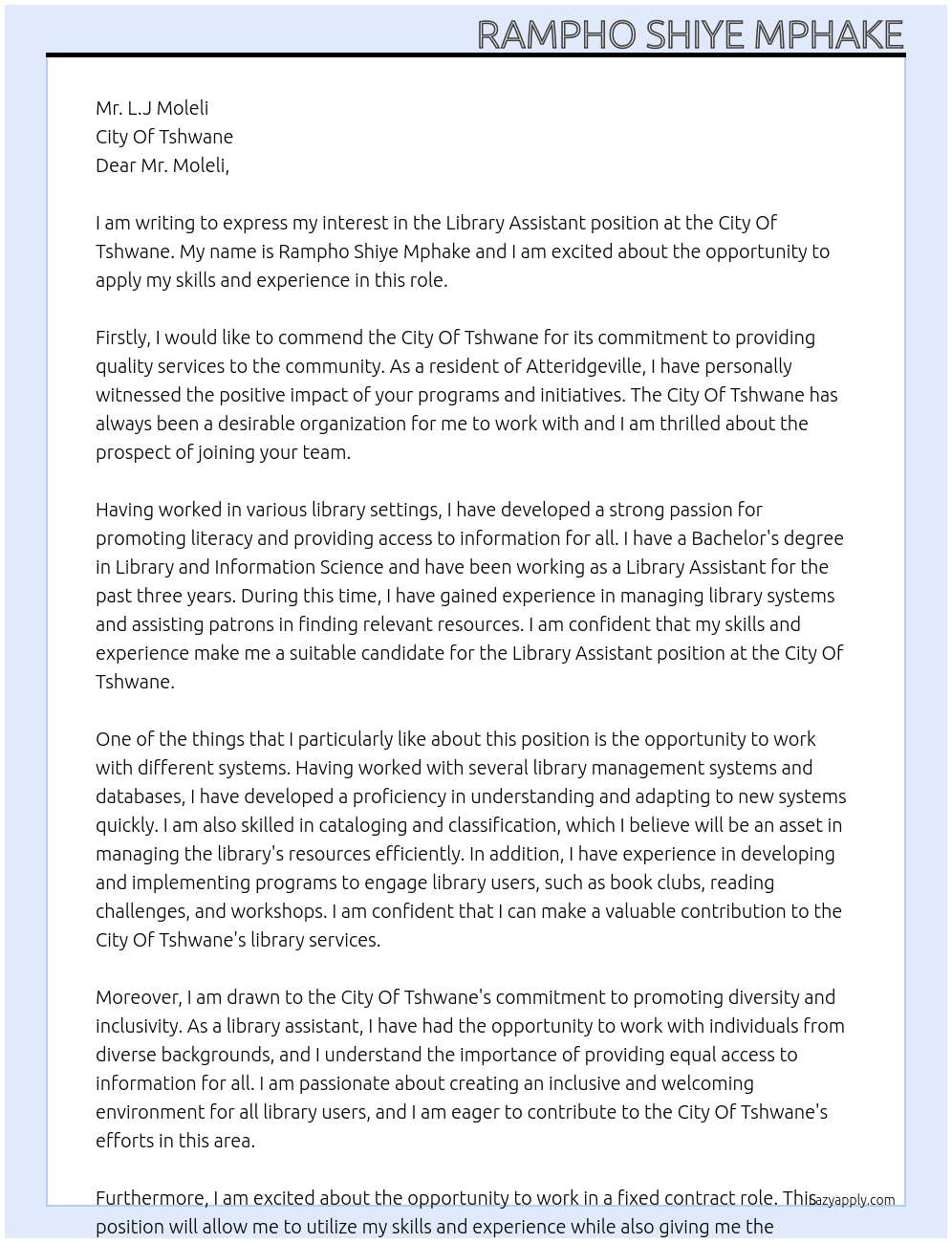 Library Assistant At City Of Tshwane Cover Letter