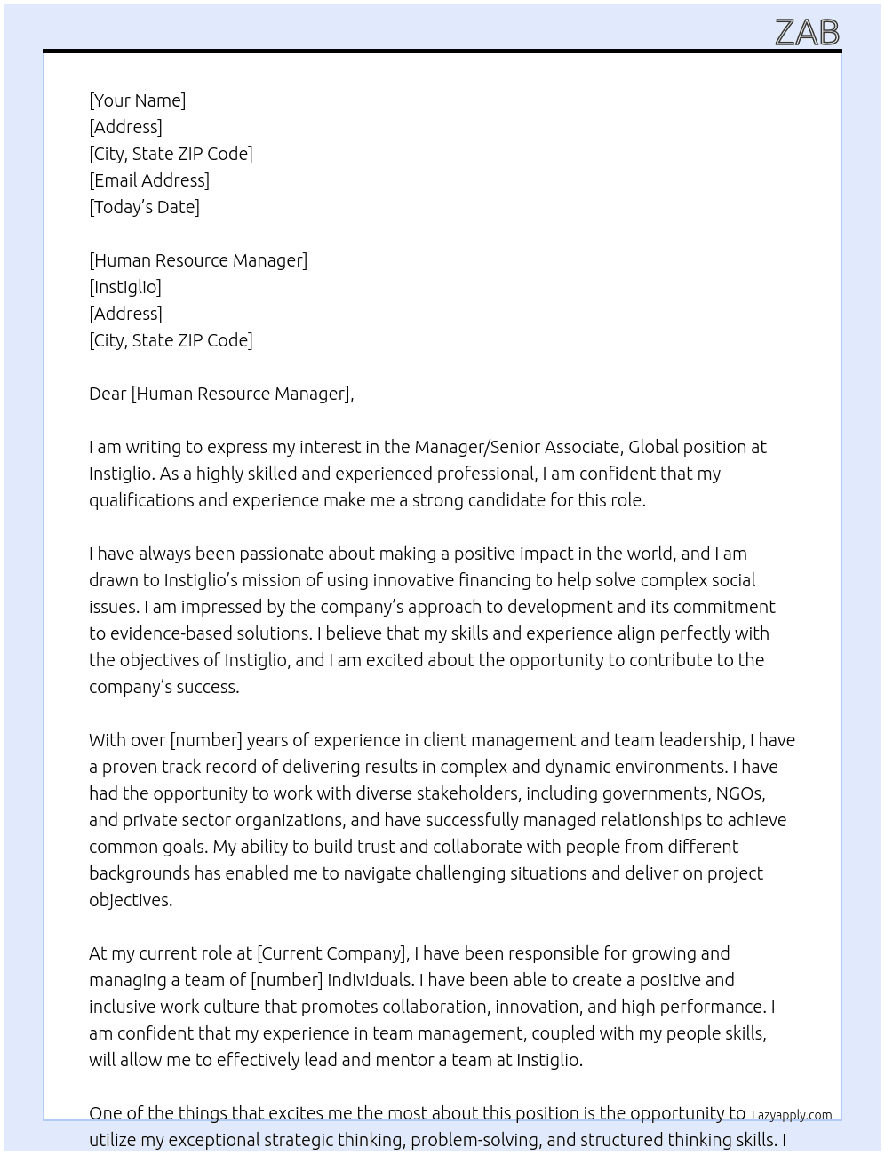 Manager/Senior Associate, Global At Instiglio Cover Letter