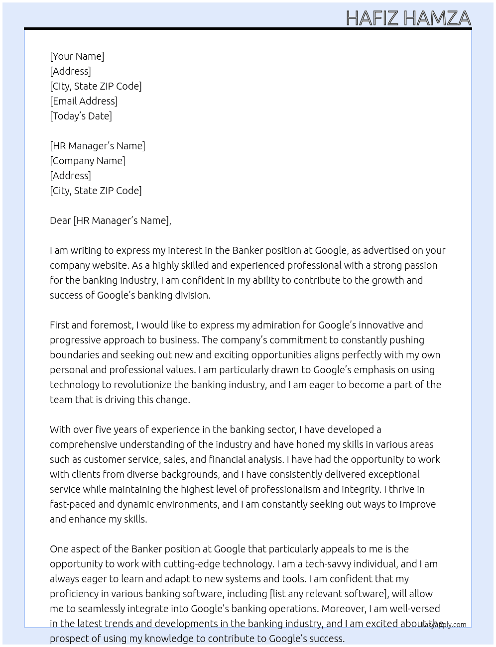 Banker At Google Cover Letter
