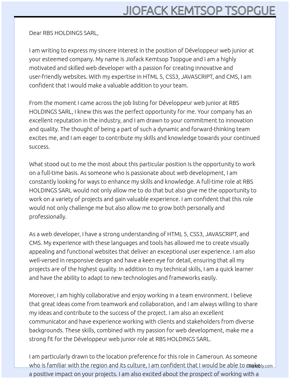 Développeur web junior  At RBS HOLDINGS SARL Cover Letter