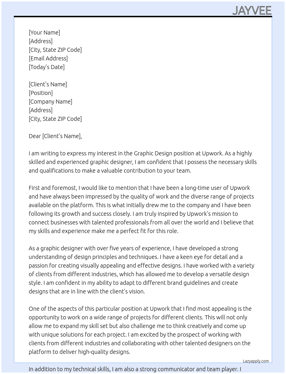 graphic design At upwork Cover Letter