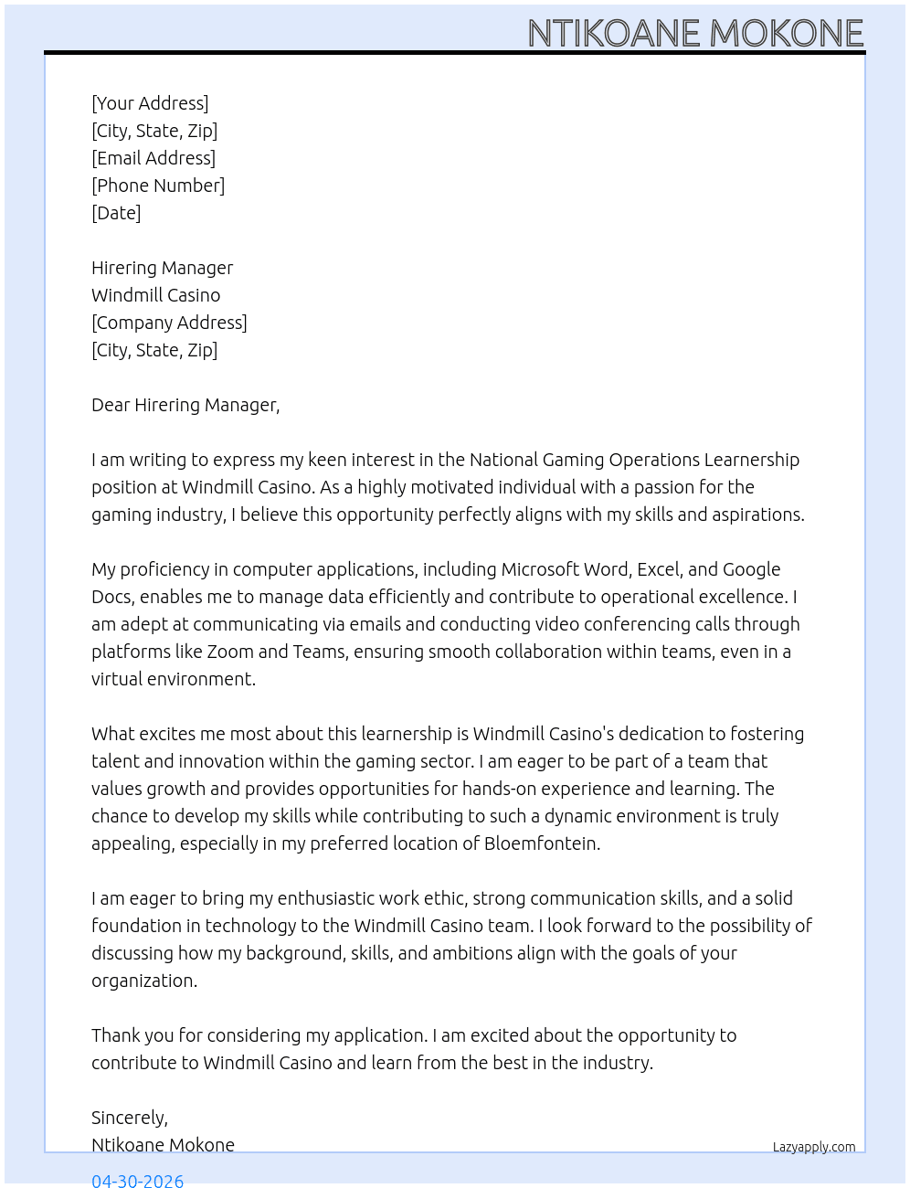 National Gaming Operations Learnership At Windmill Casino Cover Letter