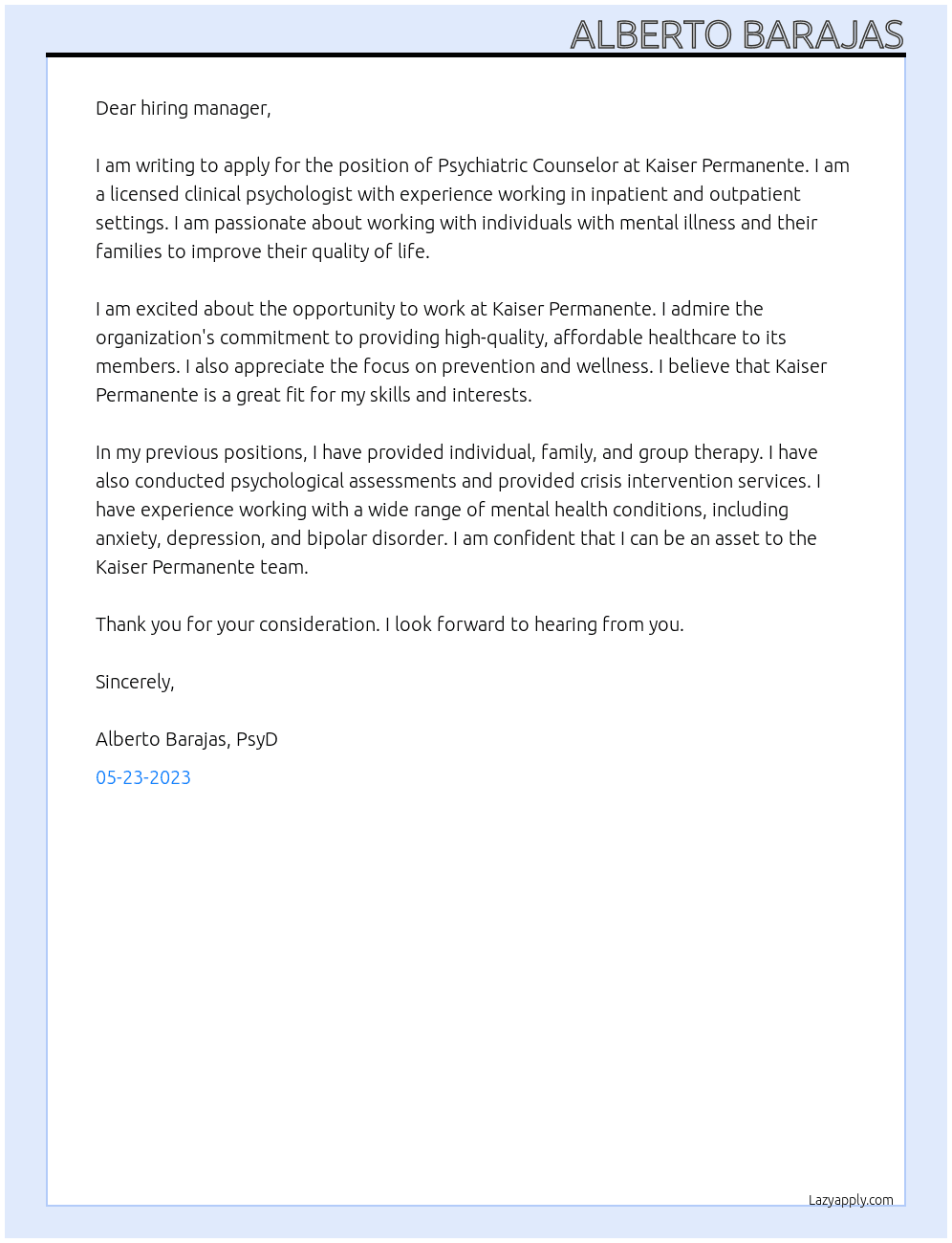 Psychiatric Counselor At Kaiser Permanente Cover Letter