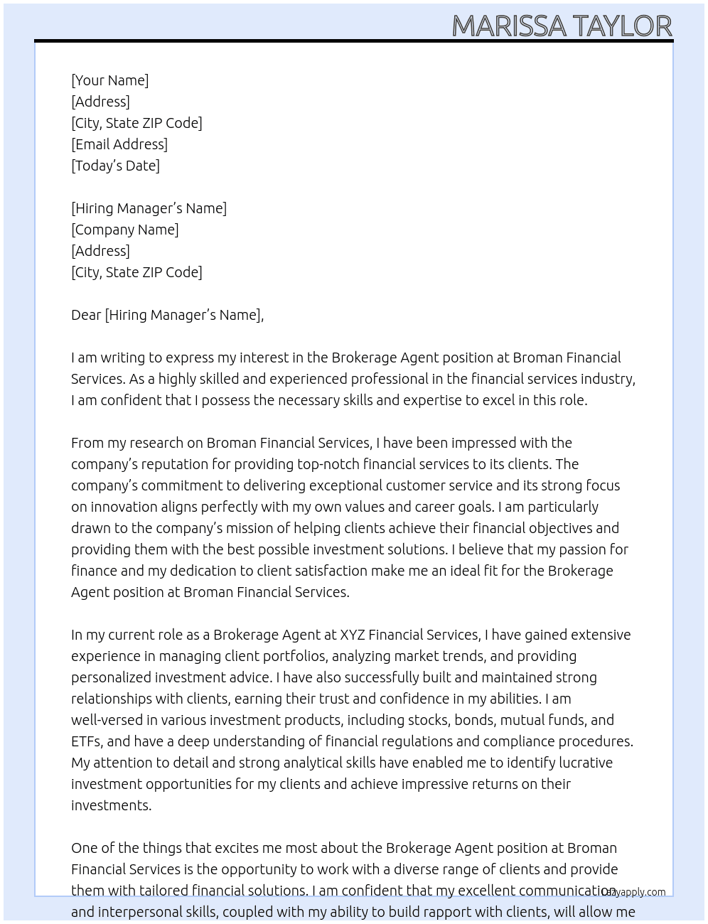 Brokerage Agent At Broman Financial Services Cover Letter