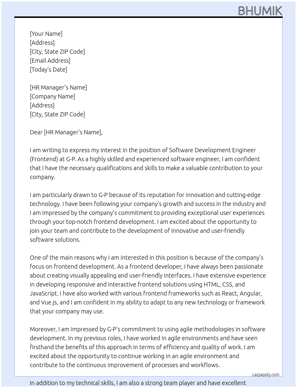 Software Development Engineer (Frontend) At G-P Cover Letter