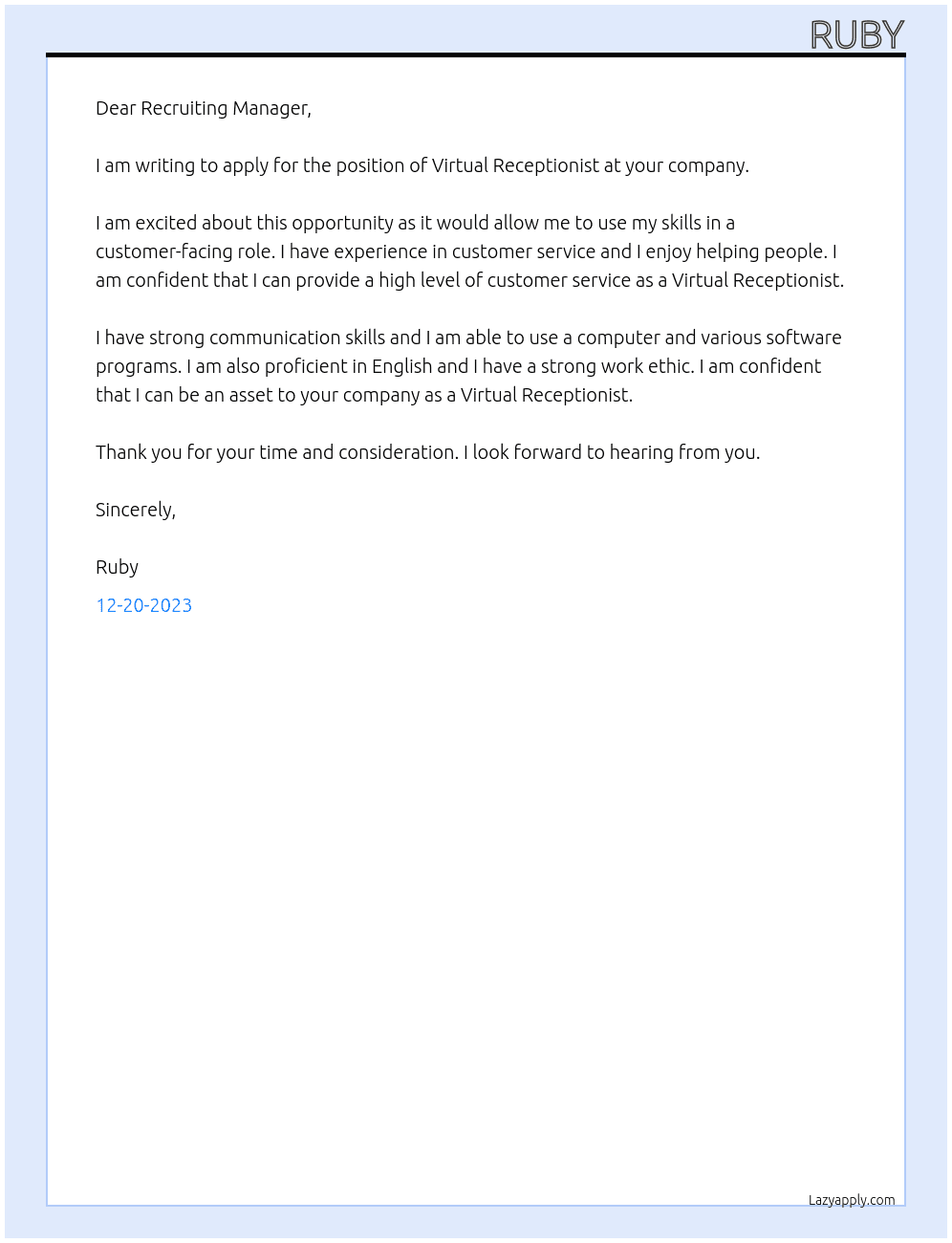 Virtual receptionist  At Virtual receptionist  Cover Letter