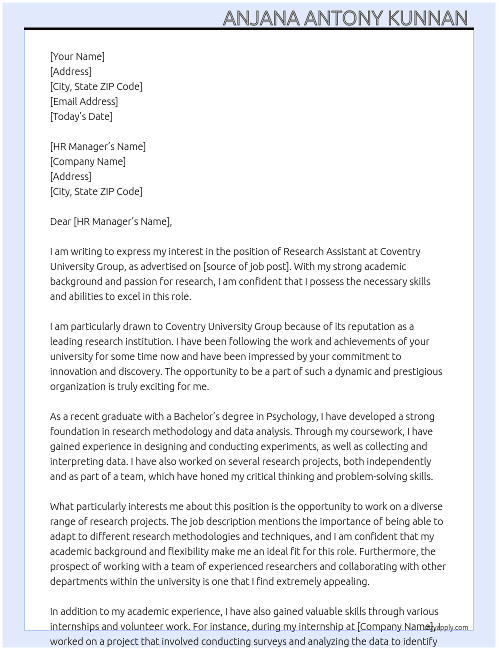 Research Assistant At Coventry University Group Cover Letter