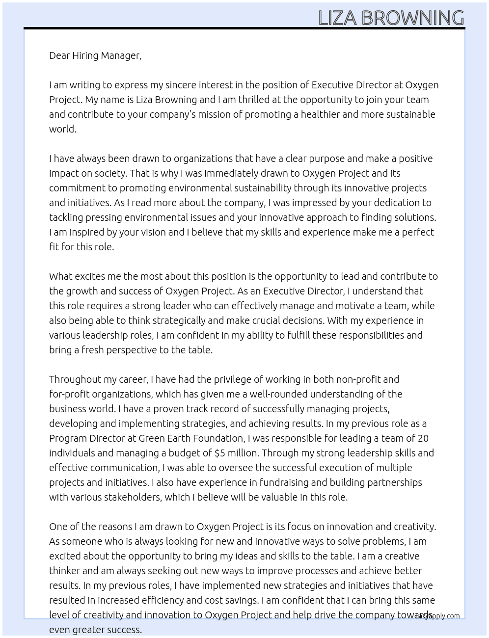 Executive Director At Oxygen Project Cover Letter