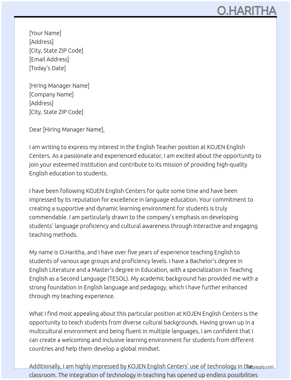 English Teacher At KOJEN English Centers Cover Letter