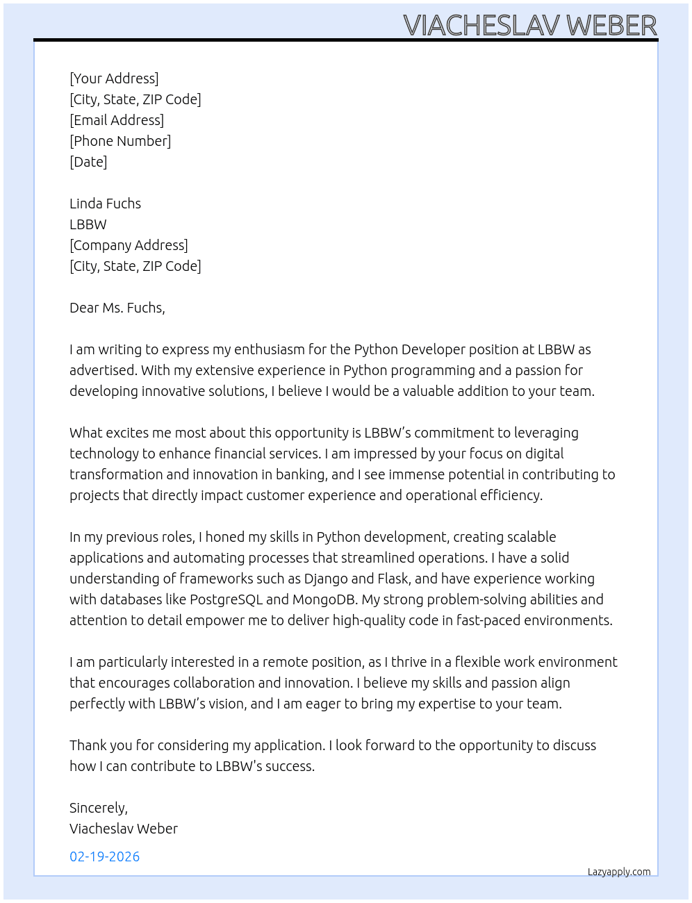 Cover letter for python developer - LazyApply