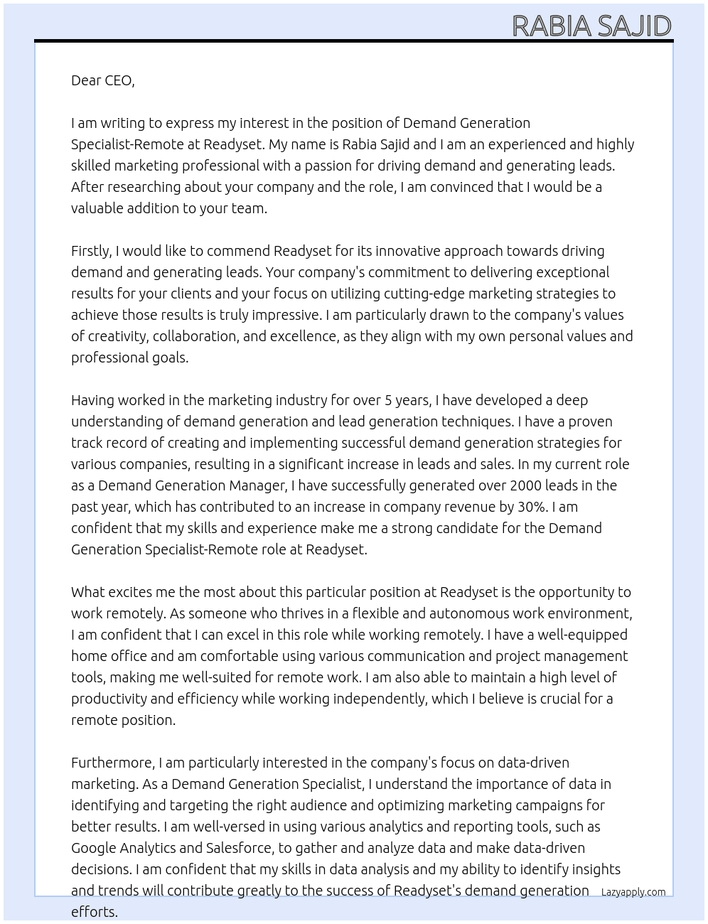 Demand Generation Specialist-Remote At Readyset Cover Letter