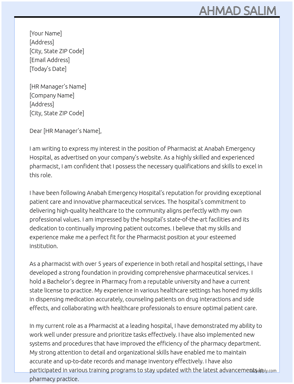 Pharmacist  At Anabah Emergency Hospital  Cover Letter