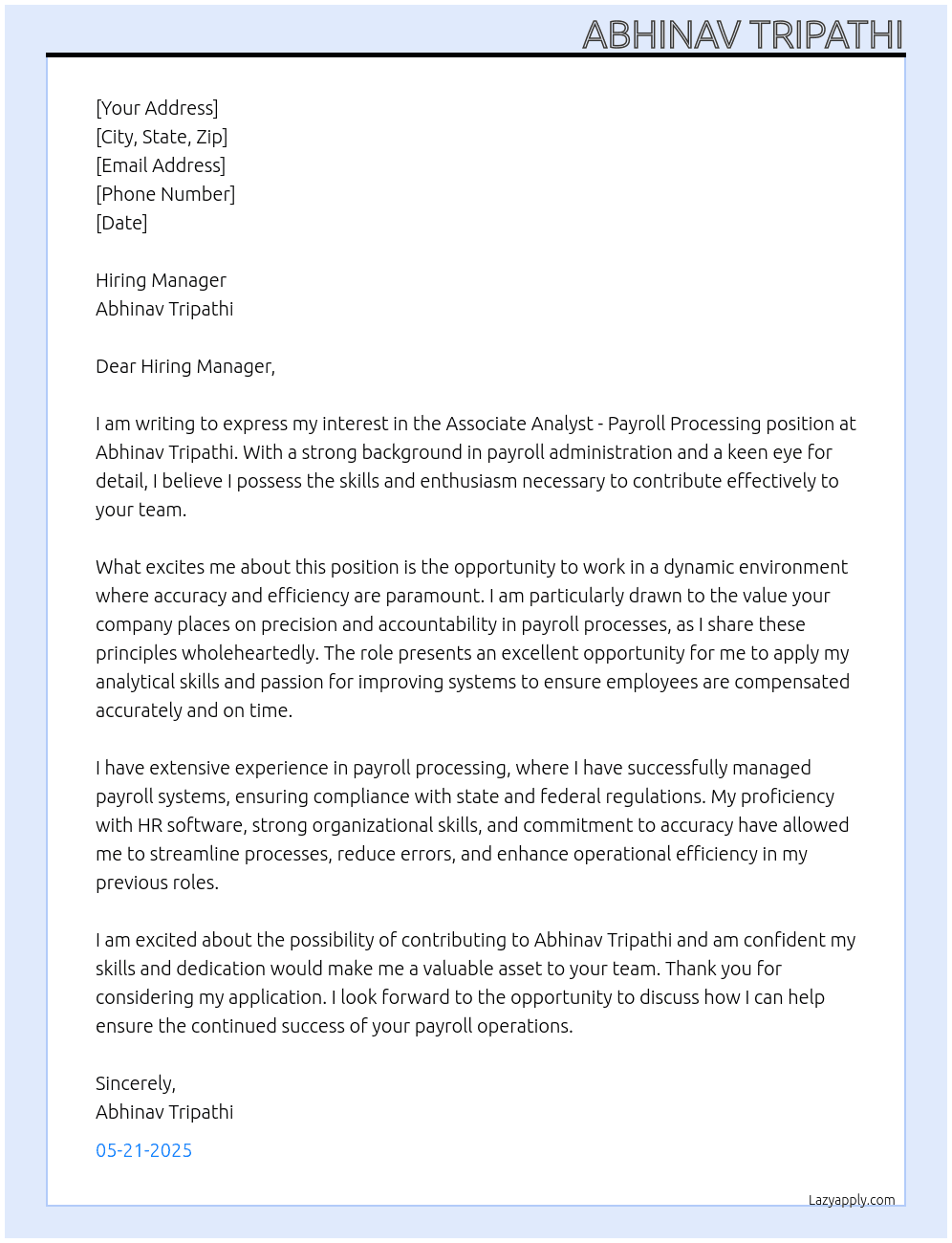 Associate Analyst- Payroll Processing At Abhinav Tripathi Cover Letter