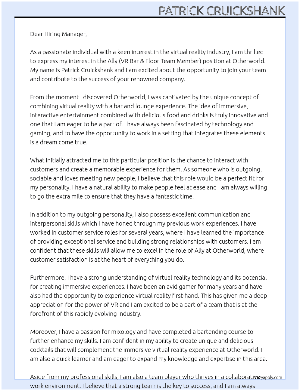 Ally (VR Bar & Floor Team Member) At Otherworld Cover Letter