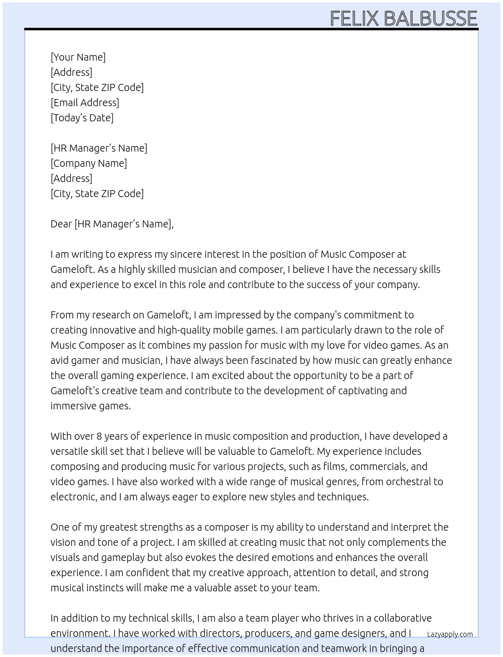 Music Composer At Gameloft Cover Letter