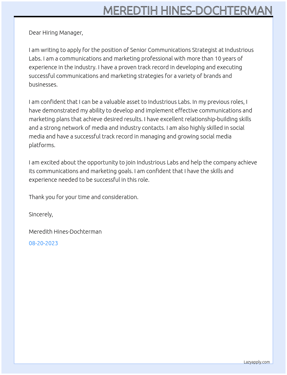Senior Communications Strategist At Industrious Labs Cover Letter