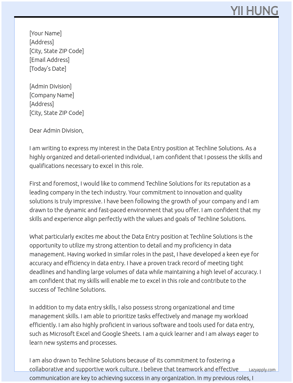 Data Entry  At Techline Solutions Cover Letter