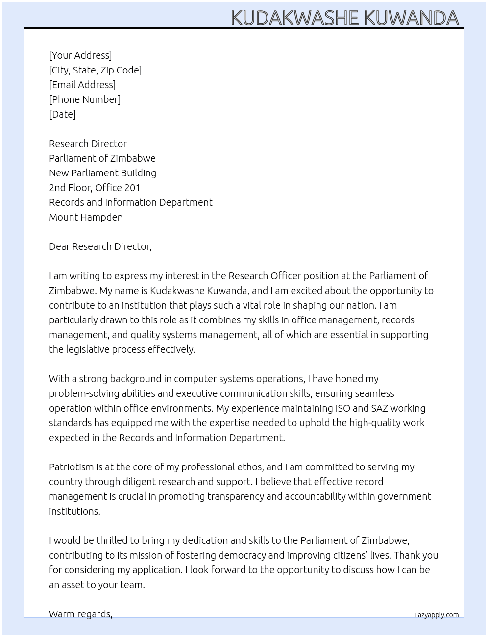 Research Officer  At Parliament of Zimbabwe  Cover Letter