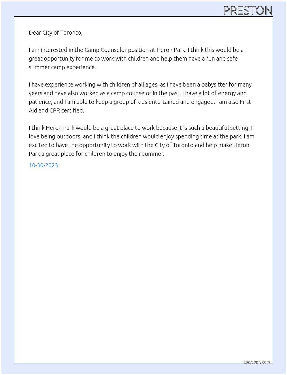 camp counselor  At city of toronto Cover Letter