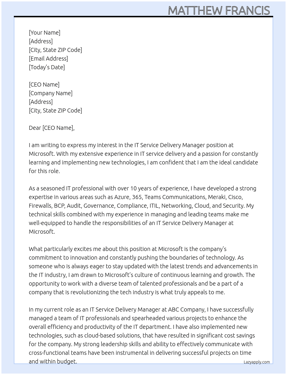 Cover letter for it service delivery manager - LazyApply