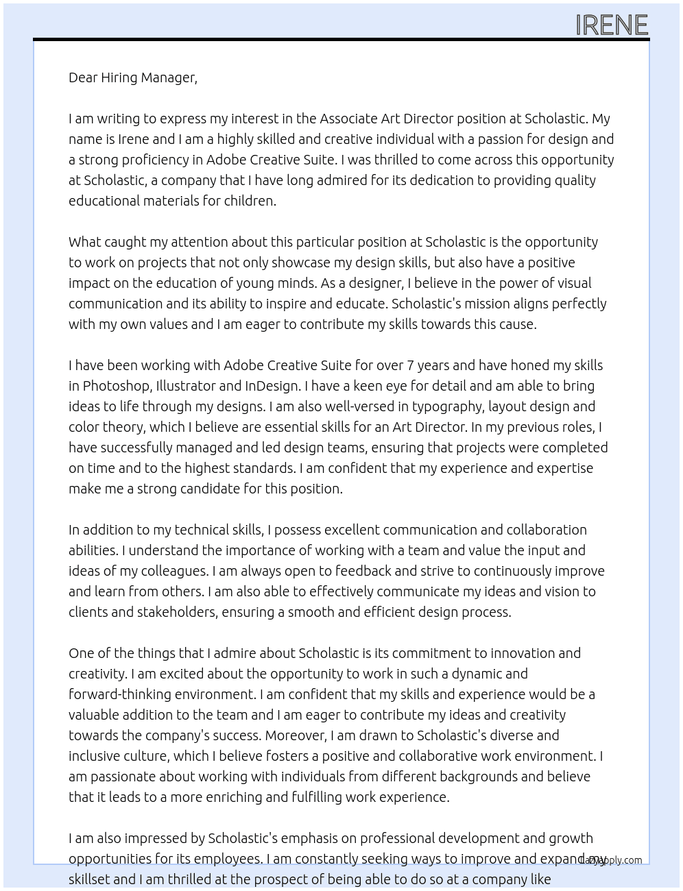 Associate Art Director At Scholastic Cover Letter